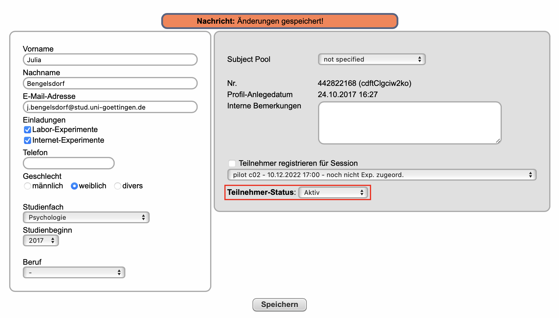 Teilnehmerprofil mit korrigierter E-Mail-Adresse