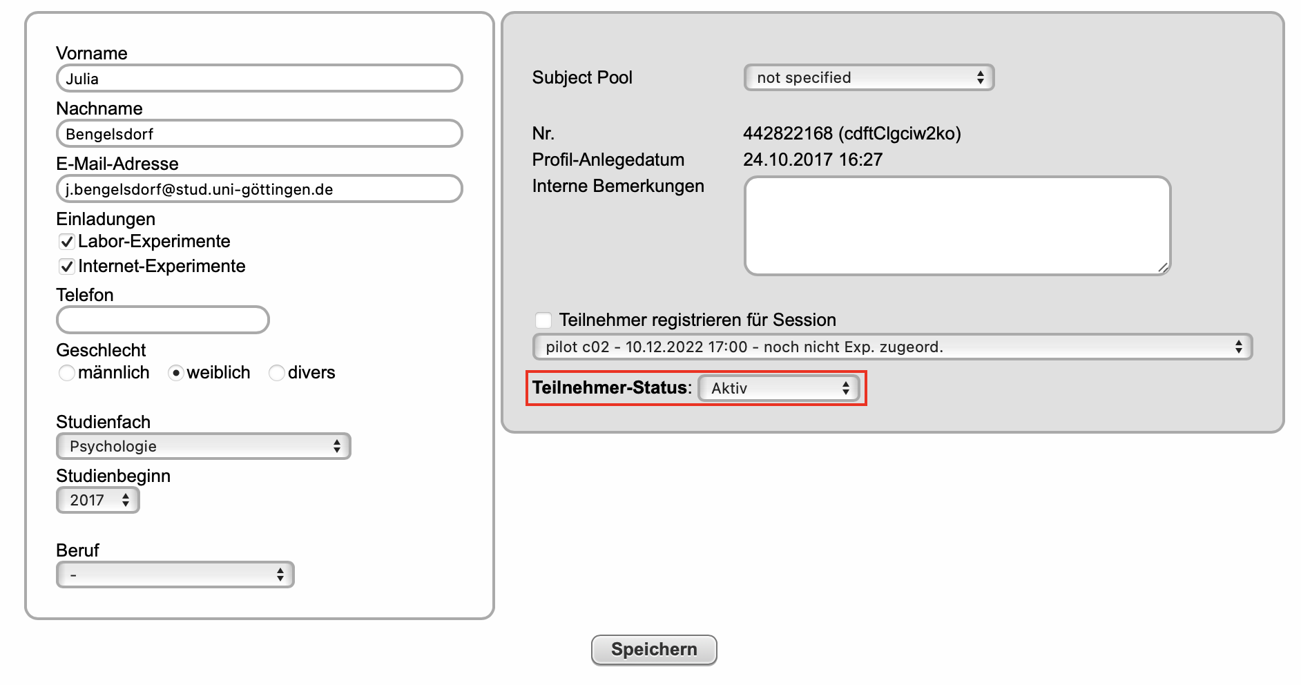 Teilnehmerprofil mit falscher E-Mail-Adresse